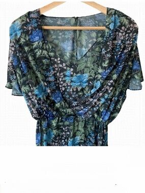 Vintage House of Nu-Mode Sheer Midi Dress Floral XS/S Black Blue Green Fairy